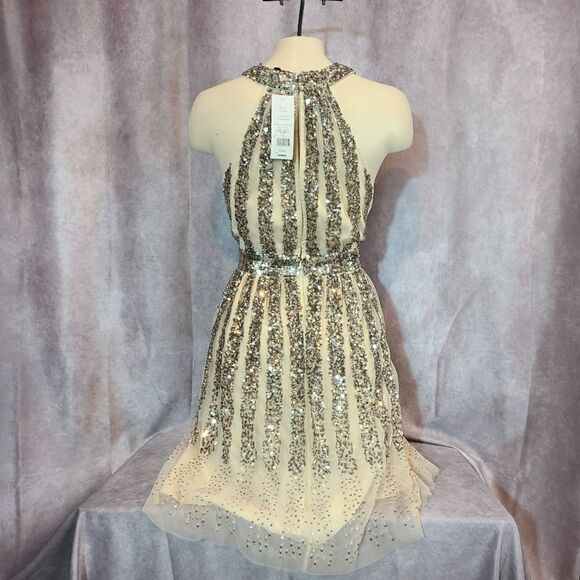 French Connection Aello Sequin Halter Neck Dress, Size 10 in Gold Gunmetal - Picture 3 of 7
